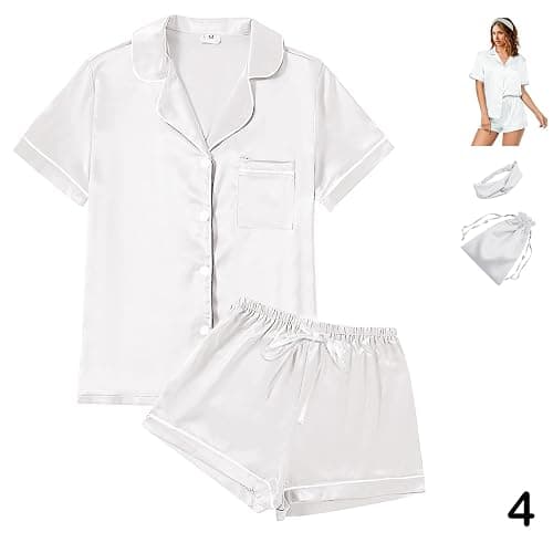 WJing Yi Jia 4Pcs Womens Satin Silky Pajama Sets Short Sleeve Shirt XS-4XL Floral Pajamas Set Soft PJ Loungewear Sleepwear thumbnail 3