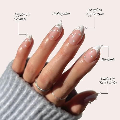 Glamnetic Press On Nails - French Pearl | Glossy, Short Almond French Tip Nails with 3D Accents, Salon Quality | 15 Sizes - 30 Nail Kit with Glue thumbnail 3