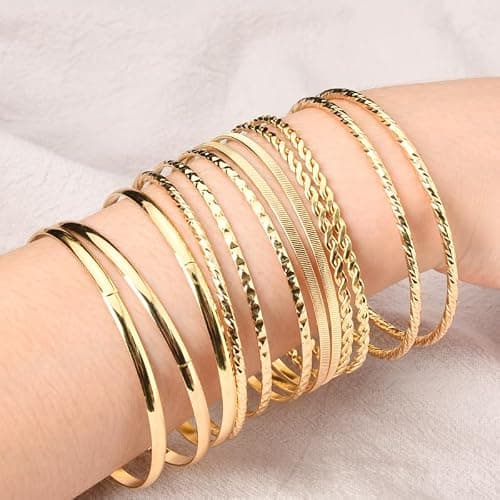 Boho Gold Bangle Bracelets for Women Bohemian Stackable Bracelets Sets for Women Dainty Round Bracelet Metal Aztec Multi Bangle Bracelets for Women Textured Bangles Bracelet Accessories 12 Pcs thumbnail 4