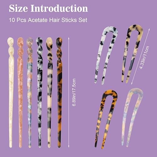 6+4P Acetate Hair Sticks Set, Coldairsoap 2 Styles Tortoise Shell Hair Pins U-Shaped Straight Chopsticks 10 Colors Vintage French Hair Forks for Women (Classic) thumbnail 3