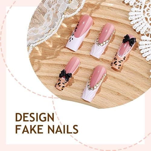 24Pcs Leopard Print French Tip Press on Nails Long Square Fake Nails 3D Rhinestone Black Bow Design False Nails Full Cover Artificial Acrylic Stick on Nails White French Tips Glue On Nails for Women thumbnail 4