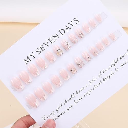 DZPGUONIZ 24pcs Short Square Press on Nails French Tip Fake Nails White Flower with Star Design Glitter False Nails Luxury Nail Charms Crafts White Stripes Glue on Nails for Women Manicure Tips thumbnail 5