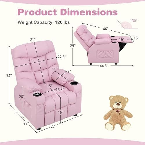 Costzon Kids Recliner Chair with Cup Holder, Adjustable Lounge Chair w/Footrest & Side Pockets for Children Boys Girls Room, Ergonomic Toddler Furniture Sofa, Kids Recliner (Pink) - Pink - 26” x 28” x 34” (L x W x H) thumbnail 3