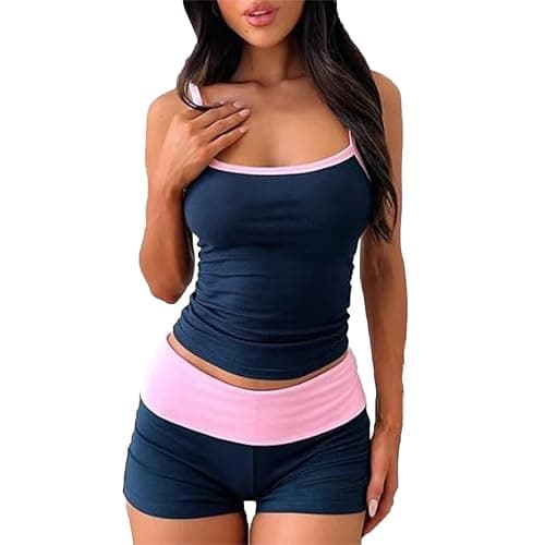 RUEWEY Womens 2 Pieces Paiamas Set Color Block Sleeveless Crop Cami Top and Fold Over Shorts Pjs Loungewear thumbnail 2