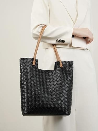 Mewpurrs Woven Leather Tote Bag for Women | Lightweight Structured Shoulder Handbag for Work and Travel thumbnail 4