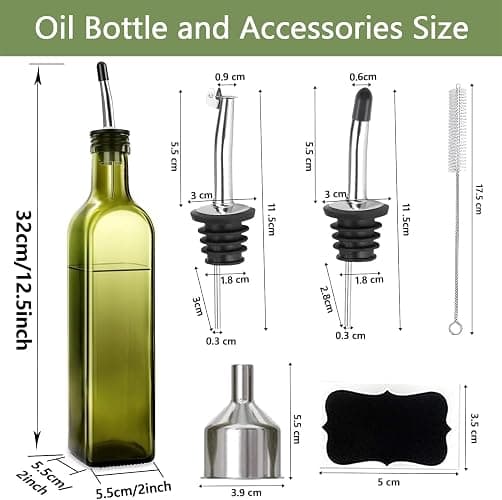 Leaflai 2 Pcs Green Glass Olive Oil Dispenser and Vinegar Dispenser Set with 2 Stainless Steel Pourers, 4 Labels, 1 Brush, 1 Funnel (500ml) for Kitchen, Cooking, Salad Dressing, Barbecue, Mixing thumbnail 3