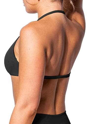 TZLDN Women Halter Backless Sports Bra Front Scrunch Yoga Gym Activewear | Seamless Thin Strap Craft Removable Shock Absorbing Pads Light Medium Support Stretch Soft Fit for Fitness Rave Party Outfits thumbnail 2
