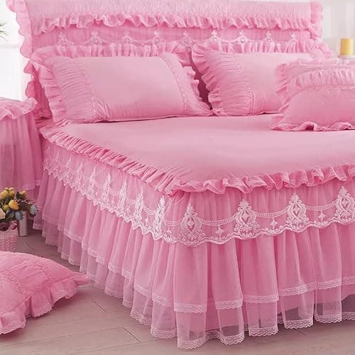 MSCEE Lace Bed Skirt King Size Wrap Around Bed Skirt Sheet Set Leaf Ruffle Pleated Bedskirt for King Bed Decorative Bedspread with 2 Pillow Shams (Color : Beige, Size : 150x200cm) thumbnail 4