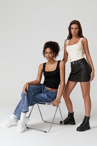 QINSEN Womens Lace Trim Square Neck Sleeveless Tank Tops Double-Layer Slim Fit T Shirt Crop Tops thumbnail 6