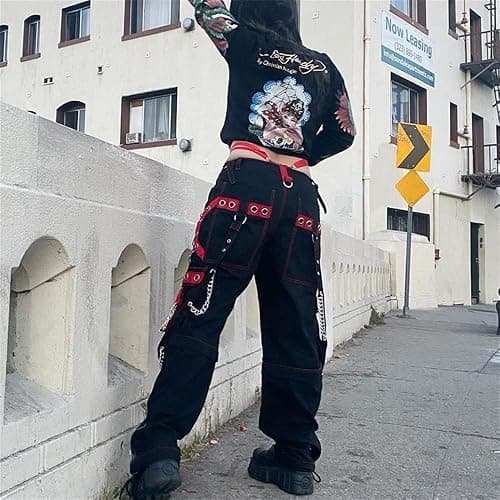Women Y2K High Waisted Jeans Gothic Baggy Gothic Cargo Jeans Wide Straight Leg Punk Denim Pants Loose Trousers Streetwear thumbnail 5