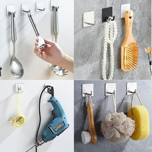 Aobvrey Adhesive Hooks Heavy Duty, 6 Packs Towel Hooks Stainless Steel Wall Hooks for Hanging Towels, Loofahs, Coats and Hats (Silver) - Silver thumbnail 4