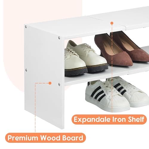 2-Tier Expandable White Shoe Rack Organizer for Closet, Stackable Shoe Rack Storage Shelf, Small Iron Wood Combination Shoe Shelves for Closets,Entryway,Front Door, Narrow Space,Hallway,6-12 Pairs thumbnail 8