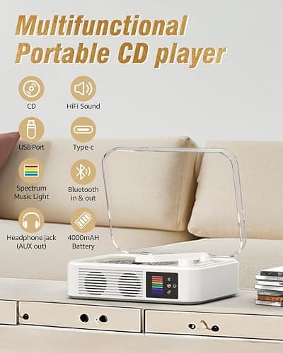 CD Player Portable Bluetooth LED Desktop Retro CD Players for Home with Speakers Rechargeble Battery Small Vintage CD Player with Bluetooth Out & Input, USB, AUX Out, Remote Control (White) thumbnail 2