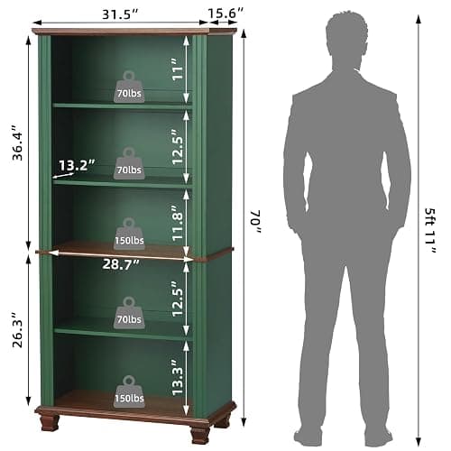 SAVOR LIFE 70" Tall Green Bookshelf,5 Tier Wooden Book Shelf with Adjustable Shelves & Wood Legs,Free Standing Farmhouse Bookcase with Open Display Storage,Vintage Bookshelves for Library,Classroom thumbnail 3