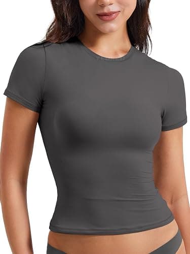 YEOREO Women Fitted Workout Tops Short Sleeve Double Lined Basic Y2K Going Out Crew Neck Compression Crop Top thumbnail 6