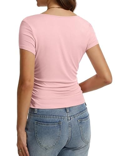 Women's Cowl Neck Tops Short Sleeve Slim Fit Ruched T-Shirts Summer Casual Dressy Business Blouses Going Out Top thumbnail 6