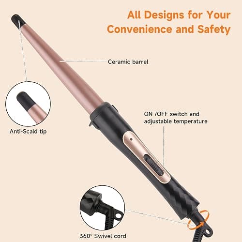 1/2 Inch to 1 Inch Tapered Curling Wand for Short, Medium & Long Hair | Tourmaline Ceramic Wand Curling Iron for Natural Waves & Loose Curls, Two Heat Settings, Dual Voltage, 60-Min Auto Shut-Off thumbnail 6