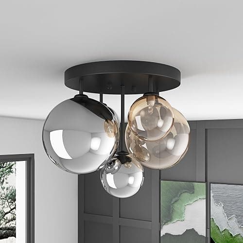 Aiwen 5-Light 17.71 in Black Semi Flush Mount Ceiling Light, Modern Ceiling Chandeliers with Globe Glass Shade, Farmhouse Ceiling Light Fixture, Cluster Chandelier for Bedroom thumbnail 3