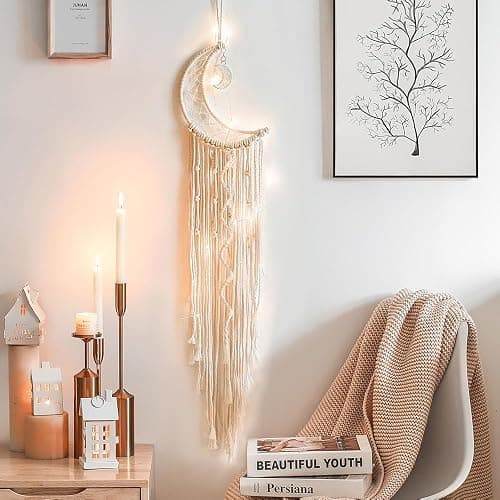 Koytoy Macrame Wall Hanging with LED Light,Moon Dream Catcher Woven Tapestry Bohemian Home Decor Wedding Party Ornaments Craft Gifts Ramadan Decorations for Home thumbnail 4
