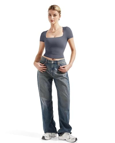 SUUKSESS Women Double Lined Fitted Basic Tee Square Neck Short Sleeve Y2K Crop Top thumbnail 5