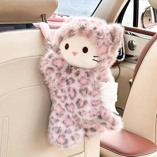 Tissue Box Cover Plush Tissue Box Holder for Car, Home, Decorative Holder/Organizer for Bathroom Vanity Countertop, Nightstands, Office Desk-Pink Leopard Cat - Image 1