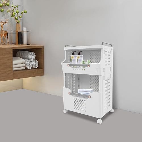 2-Tier Laundry Basket with Wheels, Stackable Storage Bins, Plastic Foldable Laundry Room Bathroom Storage Organizer thumbnail 2