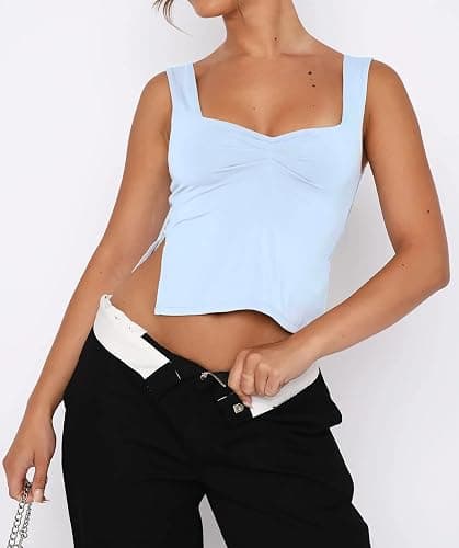 ForeFair Women Sleeveless Backless Crop Tank Top Summer Going Out Outfits Cute Pleated Sweetheart Neck Strappy Y2K Slits Tops thumbnail 2