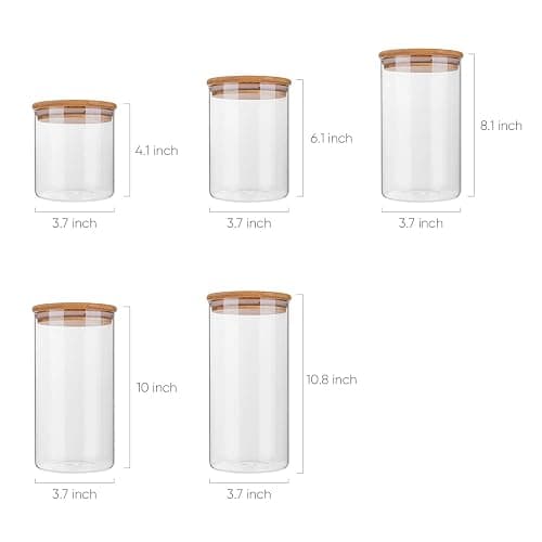 Flrolove Glass Food Storage Containers Set,Airtight Food Jars with Bamboo Wooden Lids - Set of 5 Kitchen Canisters For Sugar,Candy, Cookie, Rice and Spice Jars thumbnail 3