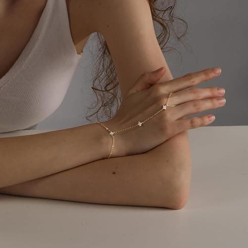 Bheop Bracelets for Women 14K Gold Silver Plated Ring Bracelet Hand Chain Dainty Evil Eye Heart Clover Daisy Cubic Zirconia Stackable Link Chain Hypoallergenic Body Jewelry Cute Trendy Gifts - GD-clover hand chain thumbnail 4