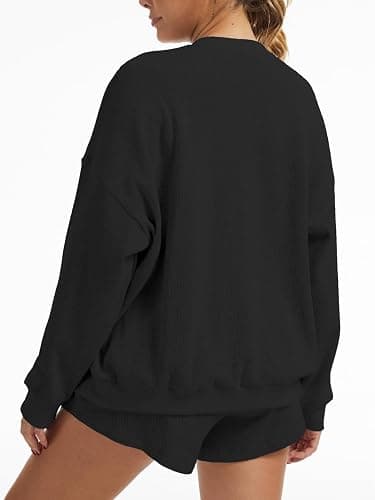 AnotherChill Women's Waffle Knit 2 Piece Lounge Short Sets Cozy Outfits | 95% cotton oversized sweatshirt high-rise shorts, breathable casual comfy matching sets for loungewear spring and fall thumbnail 3