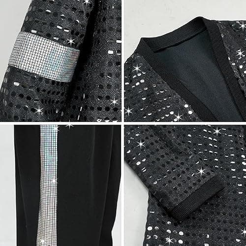 Beita Pop Star Halloween Costume Set, Black Sequin Jacket, Trousers, Hat, Gloves, 80s Retro Stage Outfit, 7 Piece thumbnail 3