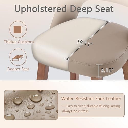Rowill Counter Height Bar Stools Set of 4, 26 Inch Faux Leather Bar Stools with Back, Upholstered Barstools with Footrest, Wood Legs, Vegan Leather, Khaki thumbnail 4