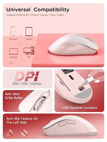 RAPIQUE Bluetooth Wireless Mouse - Dual Bluetooth & 2.4 GHz USB Receiver, Ergonomic Design, Quiet Clicks, Low Power - Multi-Device Compatibility for MacBook, Laptop, Computer, iPad Air/Pro (Pink) thumbnail 6