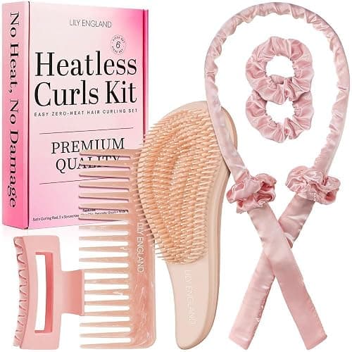 Lily England Heatless Hair Curlers to Sleep In - No Heat Curling Gift Set Includes Satin Headband, Hair Clip, Comb & 2 Scrunchies - Sleek & Smooth Overnight Curls (Peach, 6 Pack) - Image 1