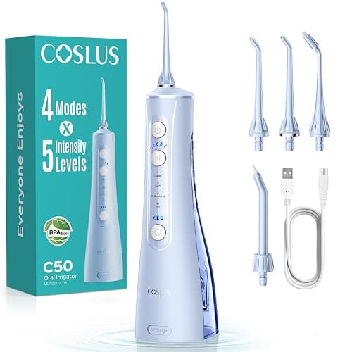 COSLUS Portable Water Flosser for Teeth: 4 Modes & 5 Intensity Levels Professional Electric Dental Pick for Sensitive Gums, Braces & Orthodontic - Cordless for Travel Use, for Adults, BPA-Free, Blue - Image 1