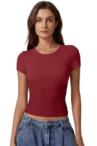 QINSEN Short Sleeve Shirts for Women Round Neck Basic Double Lined Tees Fitted Y2k Crop Tops thumbnail 4