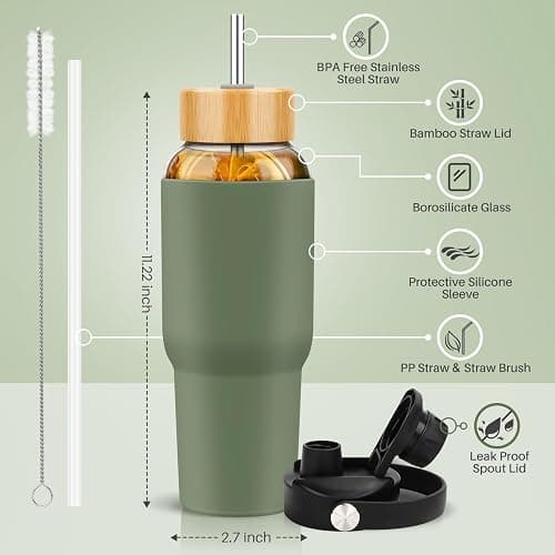 PROBTTL 40 oz Glass Tumbler with Handle - Sports Clear Borosilicate Glass Water Bottle with Straw, Silicone Sleeve, 2 Lids - Handle Spout & Bamboo Straw Lid, Fits Car Cup Holder, Leakproof（Olive thumbnail 2