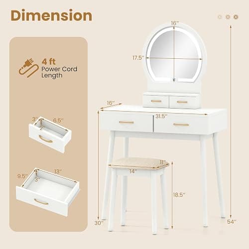 CHARMAID Vanity Desk with Mirror and Lights, Modern Makeup Vanity Table with 4 Drawers, 3-Color Dimmable LED Mirror, Girls Dressing Table and Stool Set for Small Bedroom (White) thumbnail 2