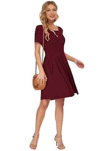 AUSELILY Women's Short Sleeve Pleated Loose Swing Casual Dress with Pockets Knee Length thumbnail 4