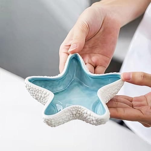 Koyzsen Starfish Jewelry Dish Ceramic Holder Ring Trinket Tray, Ocean-themed Decorative Trinket Dish, Suitable for Mother Friend Sister, Gifts for Women, Home Decor Trinket Dish(Sea Blue) thumbnail 6
