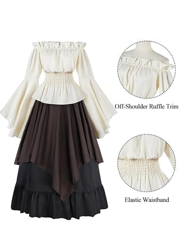 NSPSTT Renaissance Costume Women 2 Piece Medieval Dress Set Bell Sleeve Layered Peasant Outfit for Ren Faire thumbnail 3