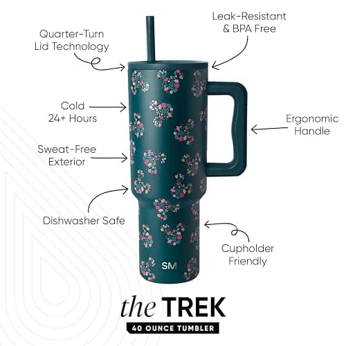 Simple Modern Disney 40 oz Tumbler with Handle and Straw Lid | Insulated Reusable Stainless Steel Water Bottle Travel Mug | Gifts for Women Her | Trek Collection | 40oz | Mickey Mouse Floral Riptide thumbnail 3