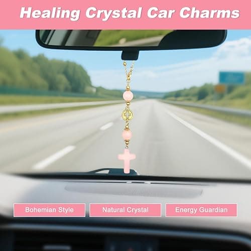 Car Rear View Mirror Accessories Car Hanging Ornament, Cross Unique Rearview Decor Charm Rose Quartz Crystal Beads Cross Swinging Interior Decor for Women Men (Pink) thumbnail 4