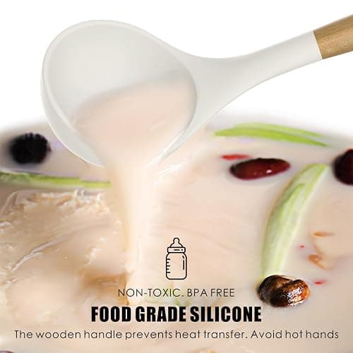 Silicone Cooking Utensils Set - 446°F Heat Resistant Silicone Kitchen Utensils for Cooking,Kitchen Utensil Spatula Set w Wooden Handles and Holder for Non-Stick Cookware (Cream White) thumbnail 6