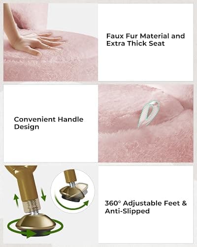 GREENSTELL Small Vanity Stool Chair with Storage and Folding Back, 13" x 13" x 17.7" Faux Fur Soft Ottoman for Teenager, 4 Metal Legs with Anti-Slip Feet, Furry Padded Seat for Makeup, Bedroom, Pink thumbnail 7