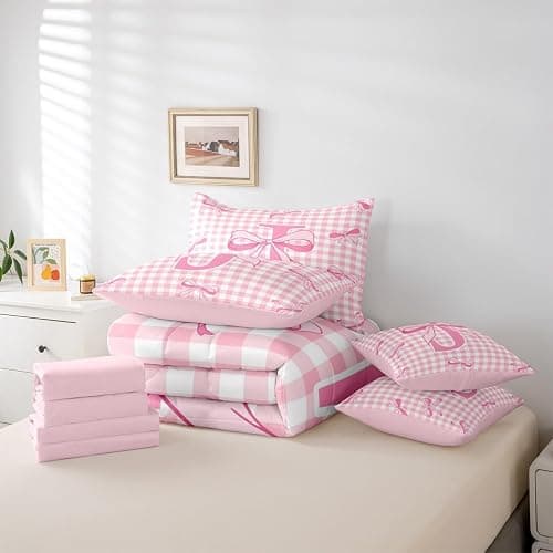 Feelyou Pink Bow Comforter Set with Sheets 7 Piece Full Size Cute Checkered Bowknot Bedding Set for Kids Boys Girls Personalized Initial J Bed in a Bag Room Decor Soft Lightweight Microfiber thumbnail 5