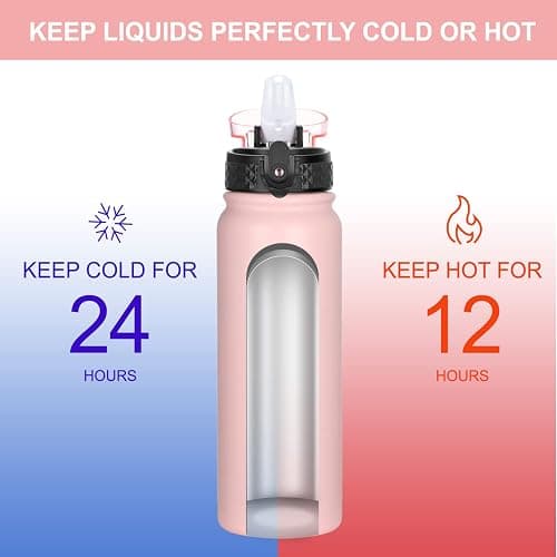 GOPPUS 600ml/20oz Stainless Water Bottle with Straw Double Wall Insulated Bottles with Strap One Hand Open Vacuum Thermal Flask Leakproof Keep Cold Drinks Bottles with Flip Top Lid BPA Free for Adults thumbnail 3
