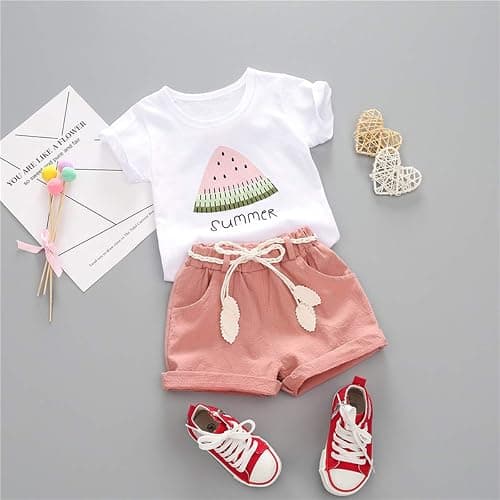 YOUNGER TREE Toddler Baby Girls Clothes Watermelon T-shirt + Linen Shorts with Belt Cute Summer Short Set thumbnail 2