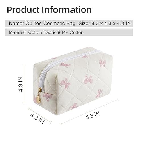 Gleyemor Small Quilted Makeup Bag for Women, Cute Floral Bow Cosmetic Bag, Emergency Bag Travel Toiletry Cotton Pouch Gifts for Girls Her Mom Friend Sister Bridesmaid (Small Pink Bowknot) thumbnail 6