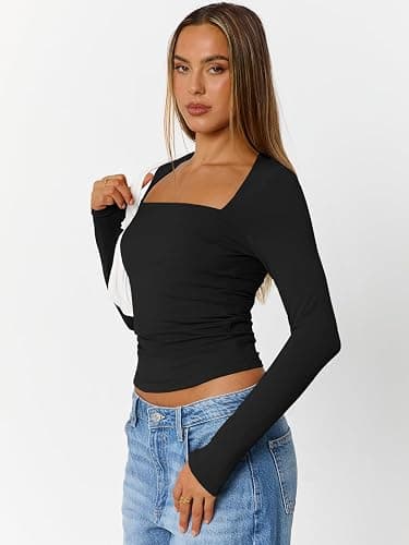 Trendy Queen Womens Long Sleeve Shirts Going Out Tops Square Neck Crop Workout Tops thumbnail 3